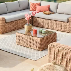 Tavolino da giardino 80x80 cm in polyrattan naturale con top in vetro - Savern