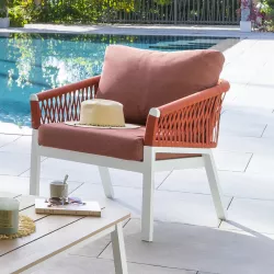 Poltrona da giardino in alluminio bianco e corda rosso mattone con cuscini - Clerc