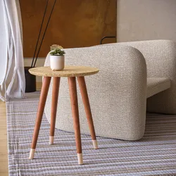Tavolino rotondo 40 cm in legno di acacia con top rivestito in ottone decorato - Gallia