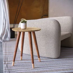 Tavolino rotondo 40 cm in legno di acacia con top rivestito in ottone e decorazione - Gallia