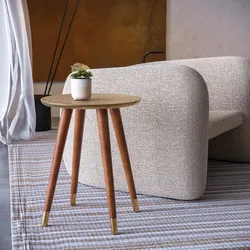 Tavolino rotondo 40 cm in legno di acacia top rivestito in ottone con decorazioni - Gallia