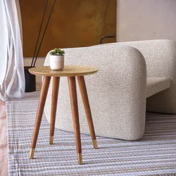 Tavolino rotondo 40 cm in legno di acacia top rivestito in ottone con decorazione - Gallia