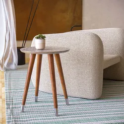 Tavolino rotondo 40 cm in legno di acacia con top rivestito in argento decorato - Gallia
