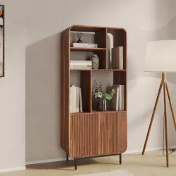 Libreria 80x180h cm in legno di mango scuro cannettato con 2 ante push pull - Kanpur