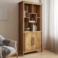 Libreria 90x190h cm in legno di mango naturale con 2 ante e vani a giorno - Eclisse