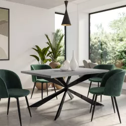 Tavolo da pranzo 150x70 cm top grigio effetto pietra 38 mm e gambe incrociate in metallo nero - Manty