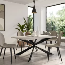 Tavolo da pranzo 160x80 cm top effetto rovere bianco 38 mm e gambe incrociate in metallo nero - Manty