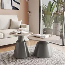 Set 2 tavolini tondi 50 e 70 cm in ceramica beige effetto travertino e base in metallo grigio - Mikado