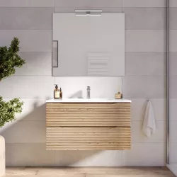 Mobile bagno sospeso 80 cm con cassetti rovere chiaro e specchio - Nosybe