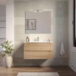 Mobile bagno sospeso 80 cm con cassetti rovere chiaro effetto cannettato e specchio - Bamas