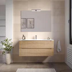 Mobile bagno sospeso 100 cm con cassetti rovere chiaro effetto cannettato e specchio - Bamas