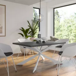 Tavolo da pranzo 150x70 cm top antracite 38 mm e gambe incrociate in metallo bianco - Manty