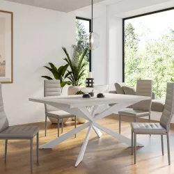 Tavolo da pranzo 150x70 cm top effetto rovere bianco 38 mm e gambe incrociate in metallo - Manty