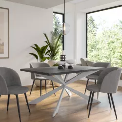 Tavolo da pranzo 150x70 cm top effetto rovere grigio 38 mm e gambe incrociate in metallo bianco - Manty