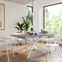 Tavolo da pranzo 160x80 cm top grigio effetto pietra 38 mm e gambe incrociate in metallo bianco - Manty