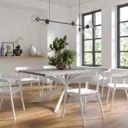 Tavolo da pranzo 180x90 cm top grigio effetto pietra 38 mm e gambe incrociate in metallo bianco - Manty