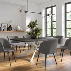 Tavolo da pranzo 180x90 cm top effetto rovere grigio 38 mm e gambe incrociate in metallo bianco - Manty