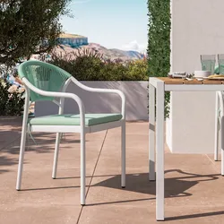 Sedia impilabile da esterno con braccioli in alluminio bianco con schienale in corda e cuscino verde tiffany - Eivissa