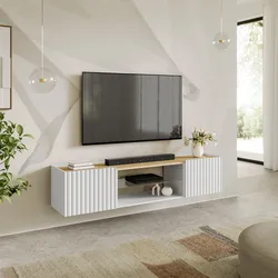Mobile porta tv sospeso 180x39h cm top effetto rovere e 2 ante bianco cannettato ad onda - Isolde