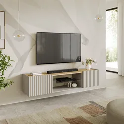 Mobile porta tv sospeso 180x39h cm top effetto rovere e 2 ante cashmere cannettato ad onda - Isolde