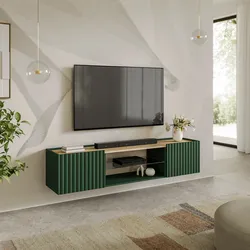Mobile porta tv sospeso 180x39h cm top effetto rovere e 2 ante verde cannettato ad onda - Isolde