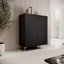 Credenza 98x127h cm top effetto rovere e nero cannettato ad onda con 2 cassetti interni e piedi oro - Isolde