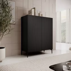 Credenza 98x127h cm top effetto rovere e nero cannettato ad onda con 2 cassetti interni - Isolde