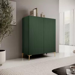 Credenza 98x127h cm top effetto rovere e verde cannettato ad onda con 2 cassetti interni e piedi oro - Isolde