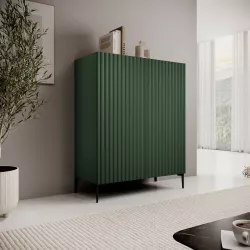 Credenza 98x127h cm top effetto rovere e verde cannettato ad onda con 2 cassetti interni e piedi neri - Isolde