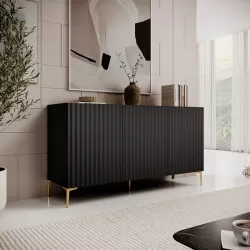 Madia 150x85h cm top effetto rovere e nero cannettato ad onda e con 2 cassetti interni e piedi oro - Isolde