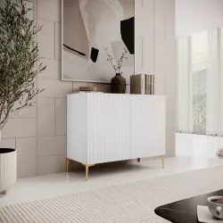 Madia 98x85h cm top effetto rovere e 2 ante bianco cannettato ad onda con piedi oro - Isolde