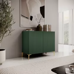 Madia 98x81h cm top effetto rovere e 2 ante verde cannettato ad onda con piedi oro - Isolde