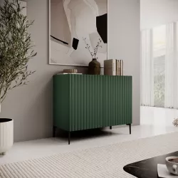 Madia 98x85h cm top effetto rovere e 2 ante verde cannettato ad onda con piedi neri - Isolde