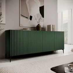 Madia 200x81h cm top effetto rovere e verde cannettato ad onda e con 2 cassetti interni e piedi neri - Isolde