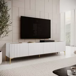 Mobile porta tv 200x50h cm top effetto rovere con 4 ante bianco cannettato ad onda e piedi oro - Isolde