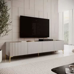 Mobile porta tv 200x50h cm top effetto rovere con 4 ante cashmere cannettato ad onda e piedi oro - Isolde