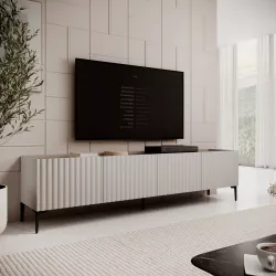 Mobile porta tv 200x50h cm top effetto rovere con 4 ante cashmere cannettato ad onda e piedi neri - Isolde