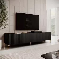 Mobile porta tv 200x50h cm top effetto rovere con 4 ante nero cannettato ad onda e piedi oro - Isolde