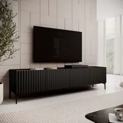 Mobile porta tv 200x50h cm top effetto rovere con 4 ante nero cannettato ad onda - Isolde