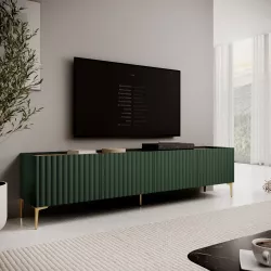 Mobile porta tv 200x50h cm top effetto rovere con 4 ante verde cannettato ad onda e piedi oro - Isolde