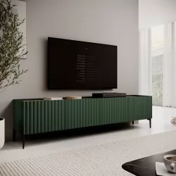 Mobile porta tv 200x50h cm top effetto rovere con 4 ante verde cannettato ad onda e piedi neri - Isolde