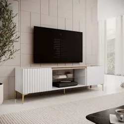 Mobile porta tv 180x54h cm top effetto rovere e 2 ante bianco cannettato ad onda con piedi oro - Isolde