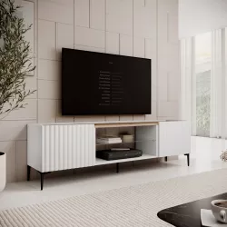 Mobile porta tv 180x54h cm top effetto rovere e 2 ante bianco cannettato ad onda con piedi neri - Isolde