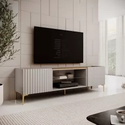 Mobile porta tv 180x54h cm top effetto rovere e 2 ante cashmere cannettato ad onda con piedi oro - Isolde