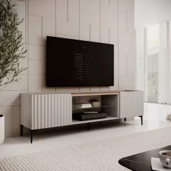 Mobile porta tv 180x54h cm top effetto rovere e 2 ante cashmere cannettato ad onda con piedi neri - Isolde