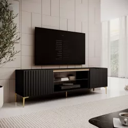 Mobile porta tv 180x54h cm top effetto rovere e 2 ante nero cannettato ad onda con piedi oro - Isolde