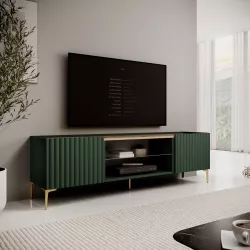 Mobile porta tv 180x54h cm top effetto rovere e 2 ante verde cannettato ad onda con piedi oro - Isolde