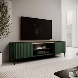 Mobile porta tv 180x54h cm top effetto rovere e 2 ante verde cannettato ad onda con piedi neri - Isolde