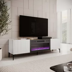 Mobile porta tv 180x54h cm bianco cannettato ad onda e top effetto rovere con caminetto elettrico e piedi neri - Isolde