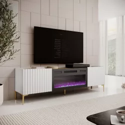 Mobile porta tv 180x54h cm bianco cannettato ad onda e top effetto rovere con caminetto elettrico e piedi oro - Isolde